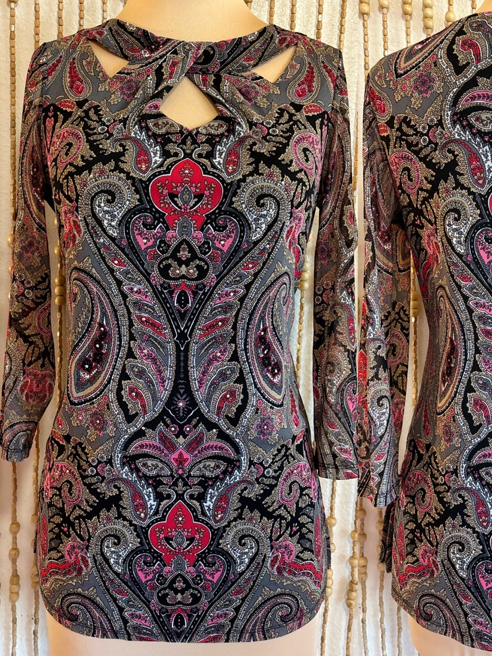INC Black Pink Paisley Boho Whimsygoth Mesh Cutout Rhinestone Embellished Blouse